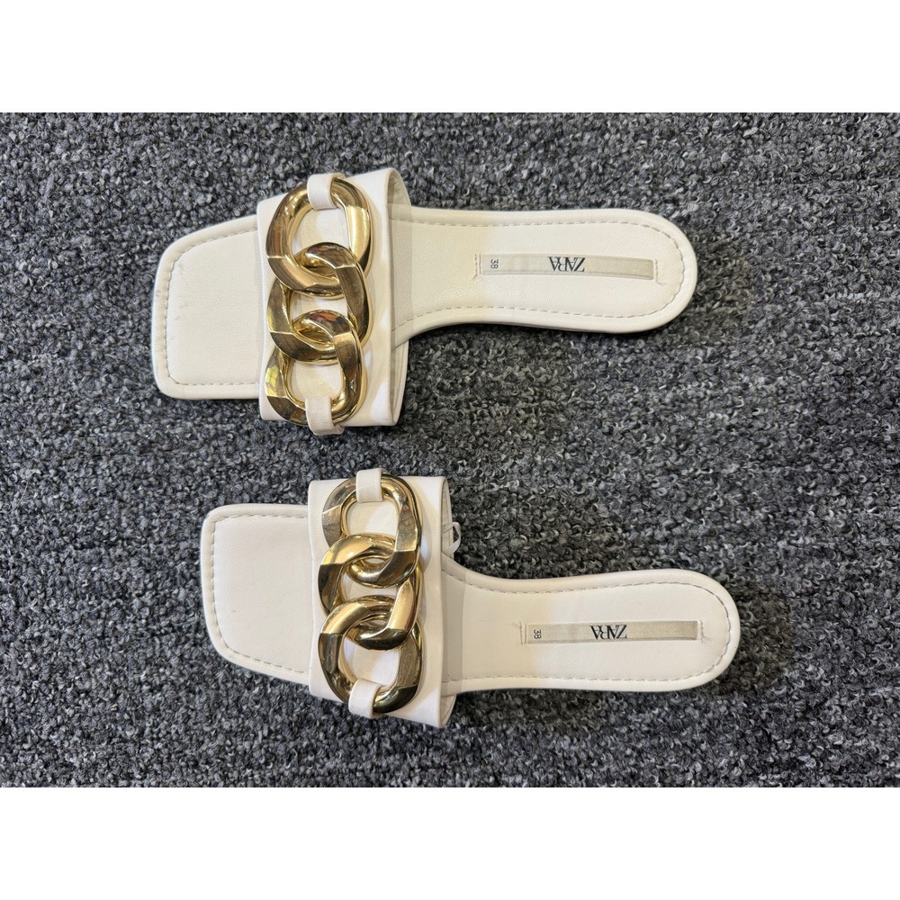 Zara Cream White Chunky Gold Chain Flat Slide Sandals Square Toe Womens Size 38
